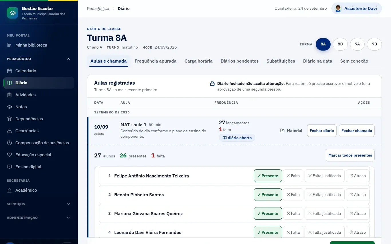 Diário de classe da turma 8A com a chamada do dia